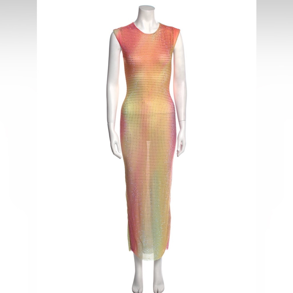 Self-Portrait Pink and Orange Mesh Midi Dress